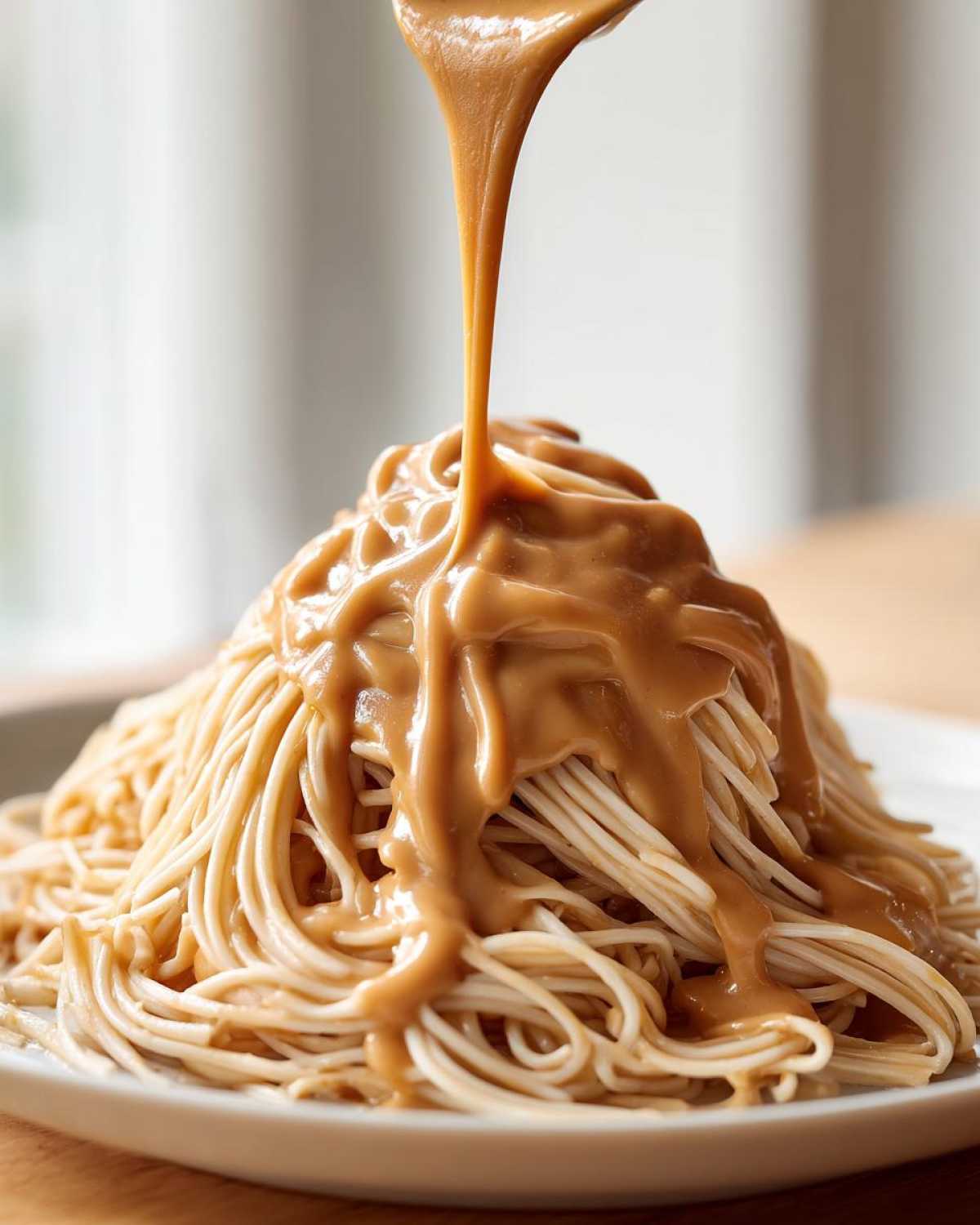 A spoonful of thick, creamy Easy 5-Minute Peanut Sauce is being poured over a mound of cooked noodles on a white plate.