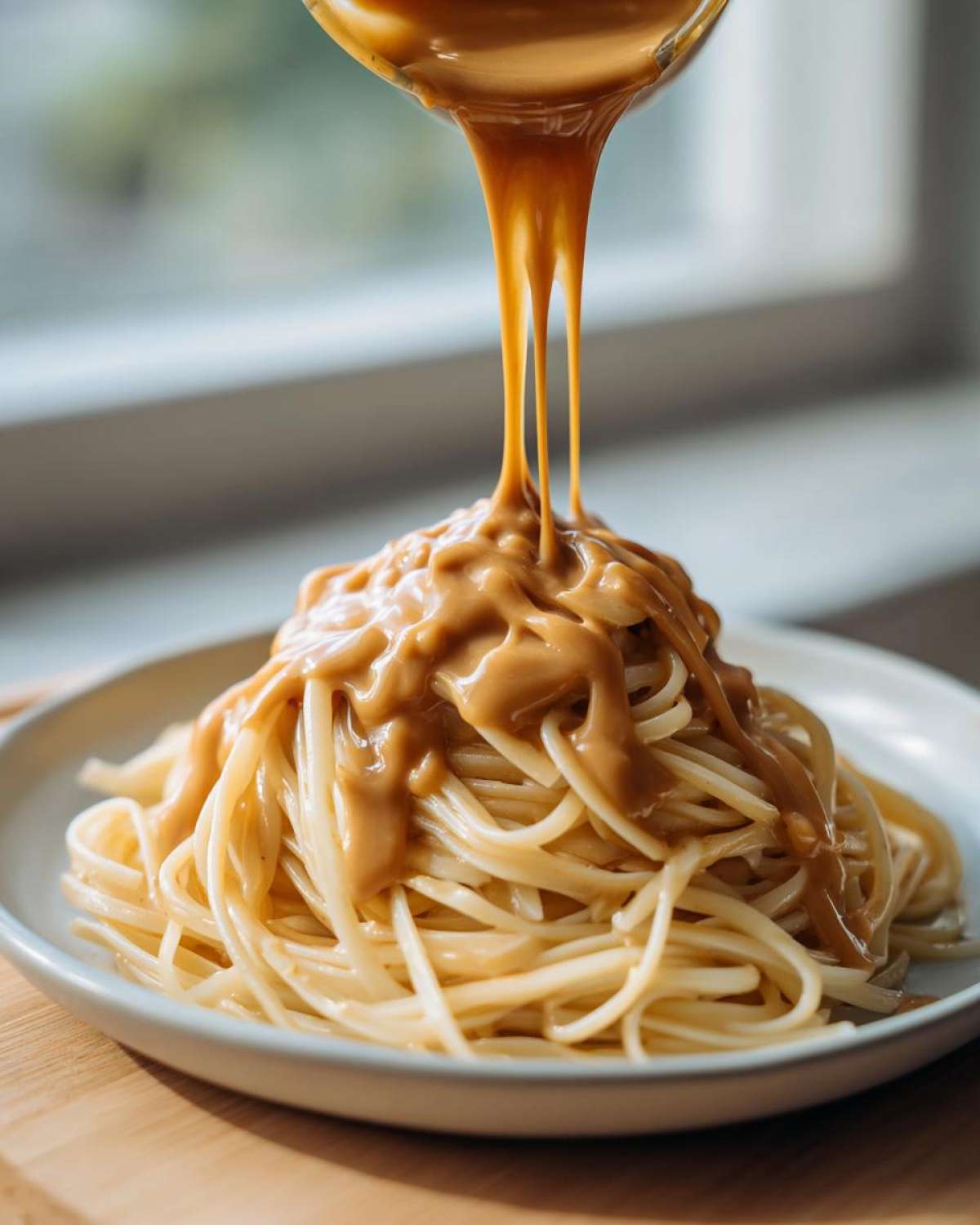 A close-up shot of thick, creamy Easy 5-Minute Peanut Sauce being poured from a ladle onto a mound of cooked noodles.