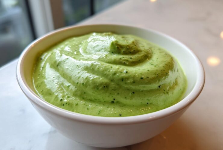 Close-up of a creamy, vibrant green Easy 5-Minute Salsa Verde Yogurt Dip swirled in a small white bowl.