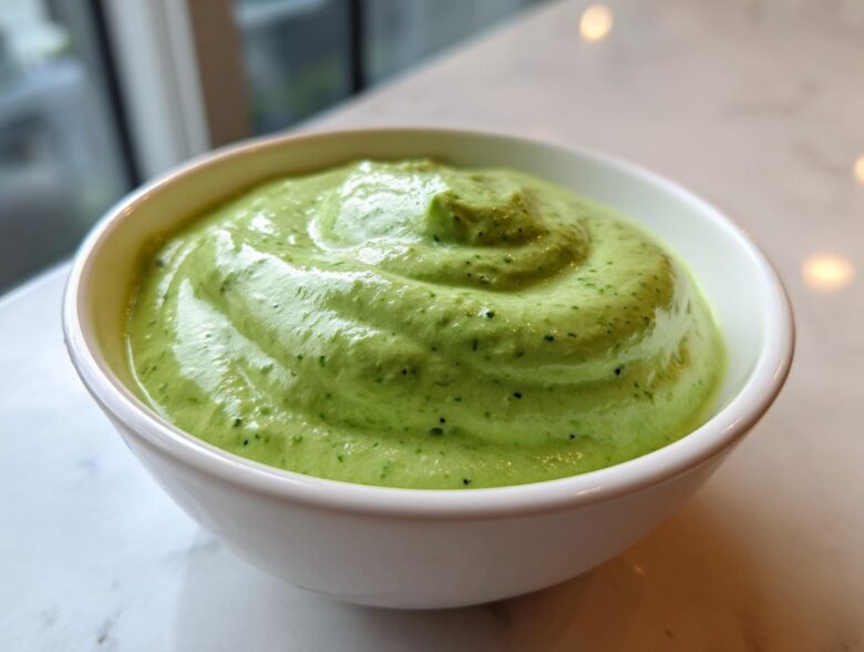 Close-up of a creamy, vibrant green Easy 5-Minute Salsa Verde Yogurt Dip swirled in a small white bowl.