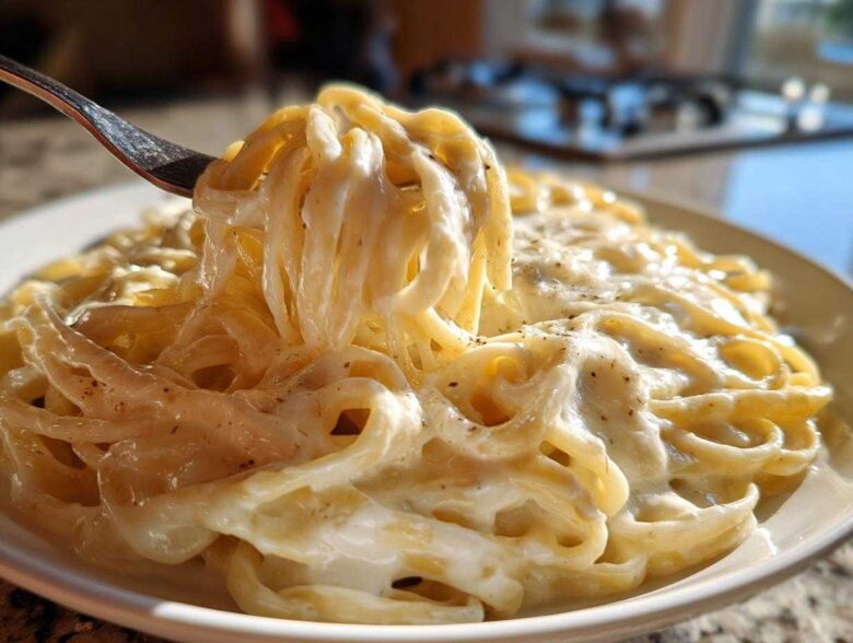 A fork lifting creamy fettuccine coated in Easy Cottage Cheese Alfredo Sauce, seasoned with pepper.