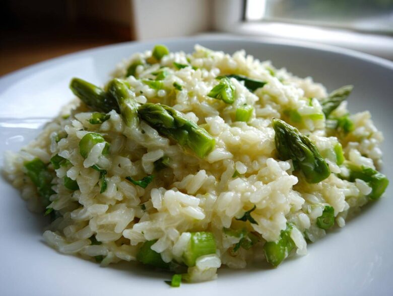 A close-up shot of a serving of Easy Creamy Asparagus Risotto, featuring bright green asparagus tips mixed into creamy white rice.