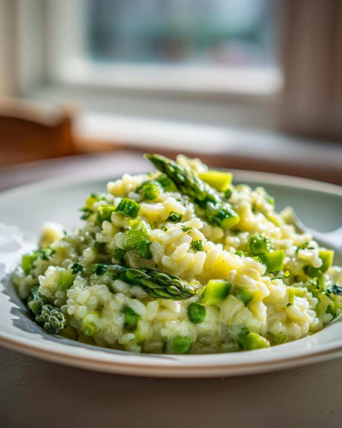 A close-up of a serving of Easy Creamy Asparagus Risotto, rich with green asparagus spears and peas.