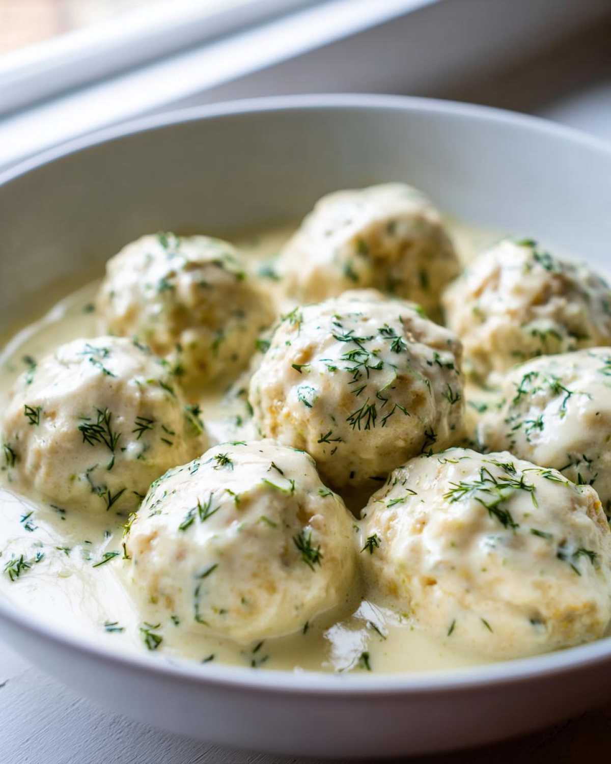 Close-up of several Easy Creamy Greek Chicken Meatballs submerged in a rich, creamy sauce and topped with fresh dill.