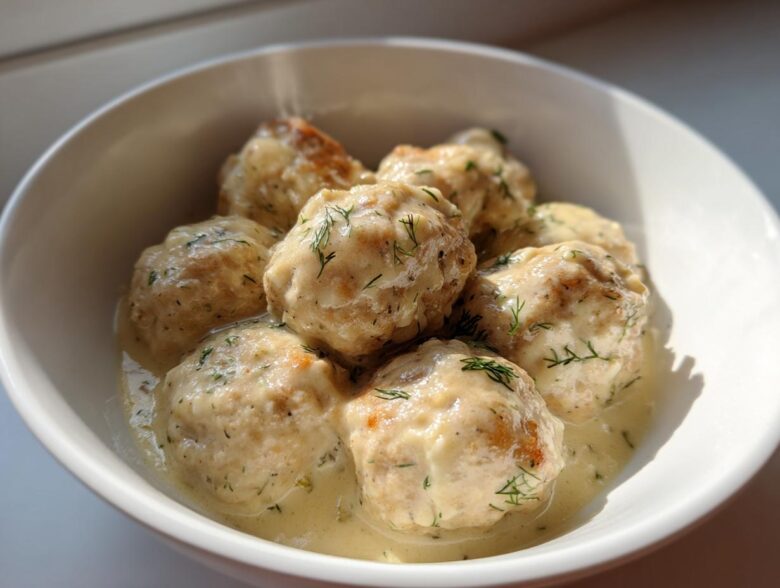 Close-up of Easy Creamy Greek Chicken Meatballs served in a white bowl with a rich, creamy dill sauce.