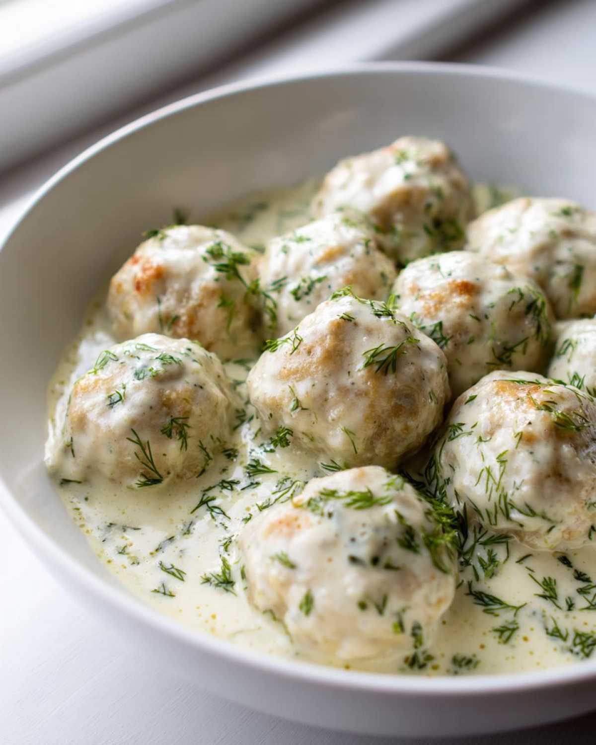 Close-up of Easy Creamy Greek Chicken Meatballs covered in a rich, creamy dill sauce in a white bowl.