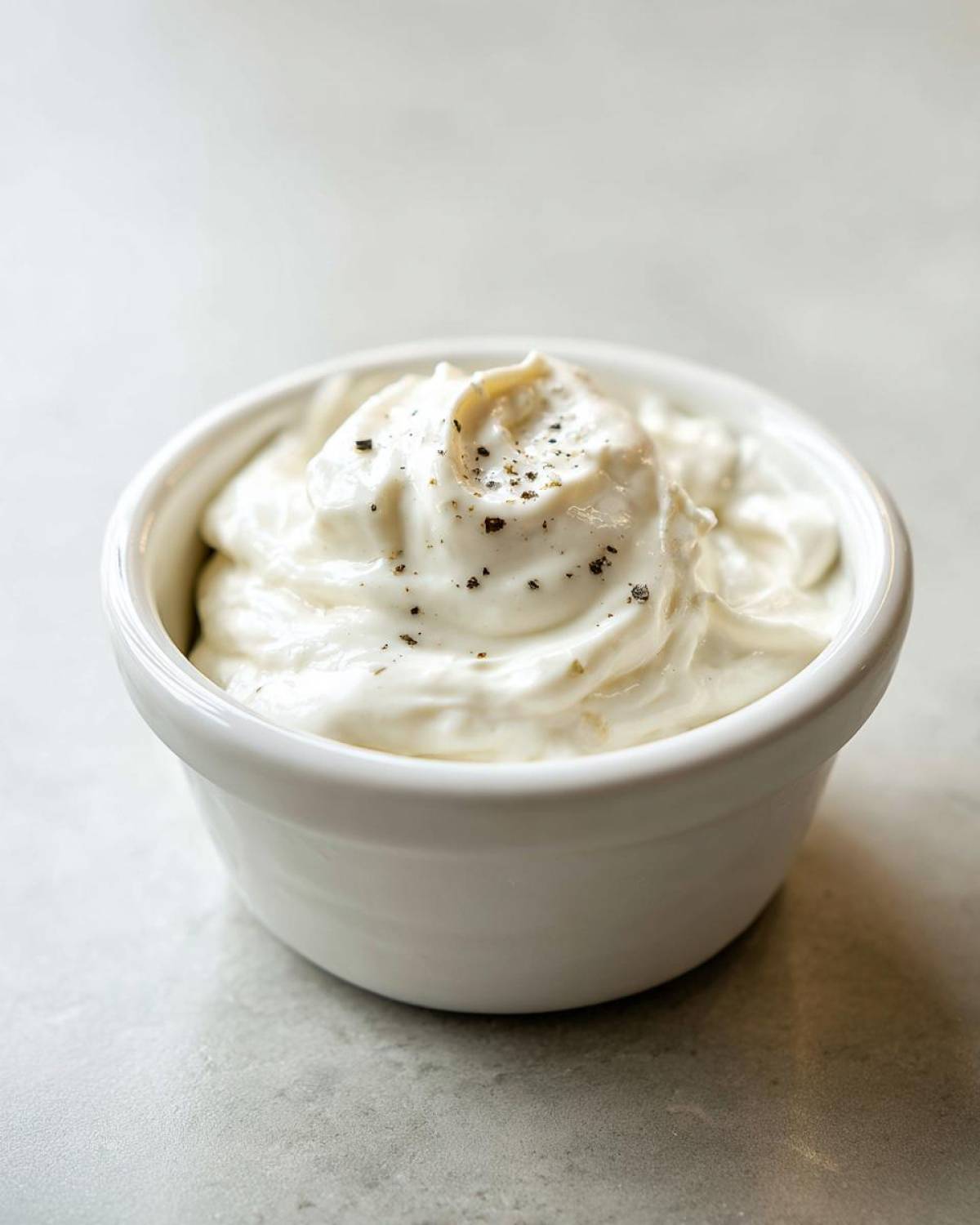 A small white bowl filled with thick, creamy Easy Greek Yogurt Caesar Dressing, topped with cracked black pepper.