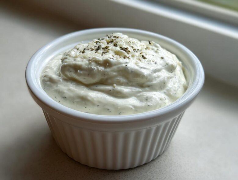 A small white ramekin filled with thick, creamy Easy Greek Yogurt Caesar Dressing, topped with grated cheese and herbs.