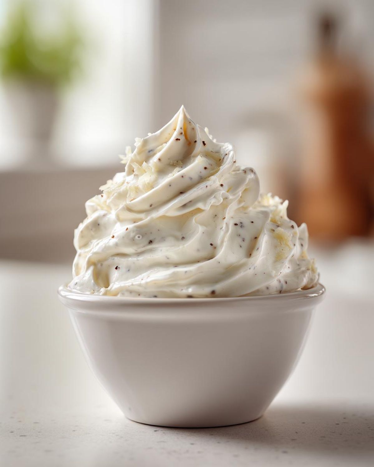 A beautiful swirl of Easy Greek Yogurt Caesar Dressing, topped with cheese shavings and pepper flecks, served in a small white bowl.