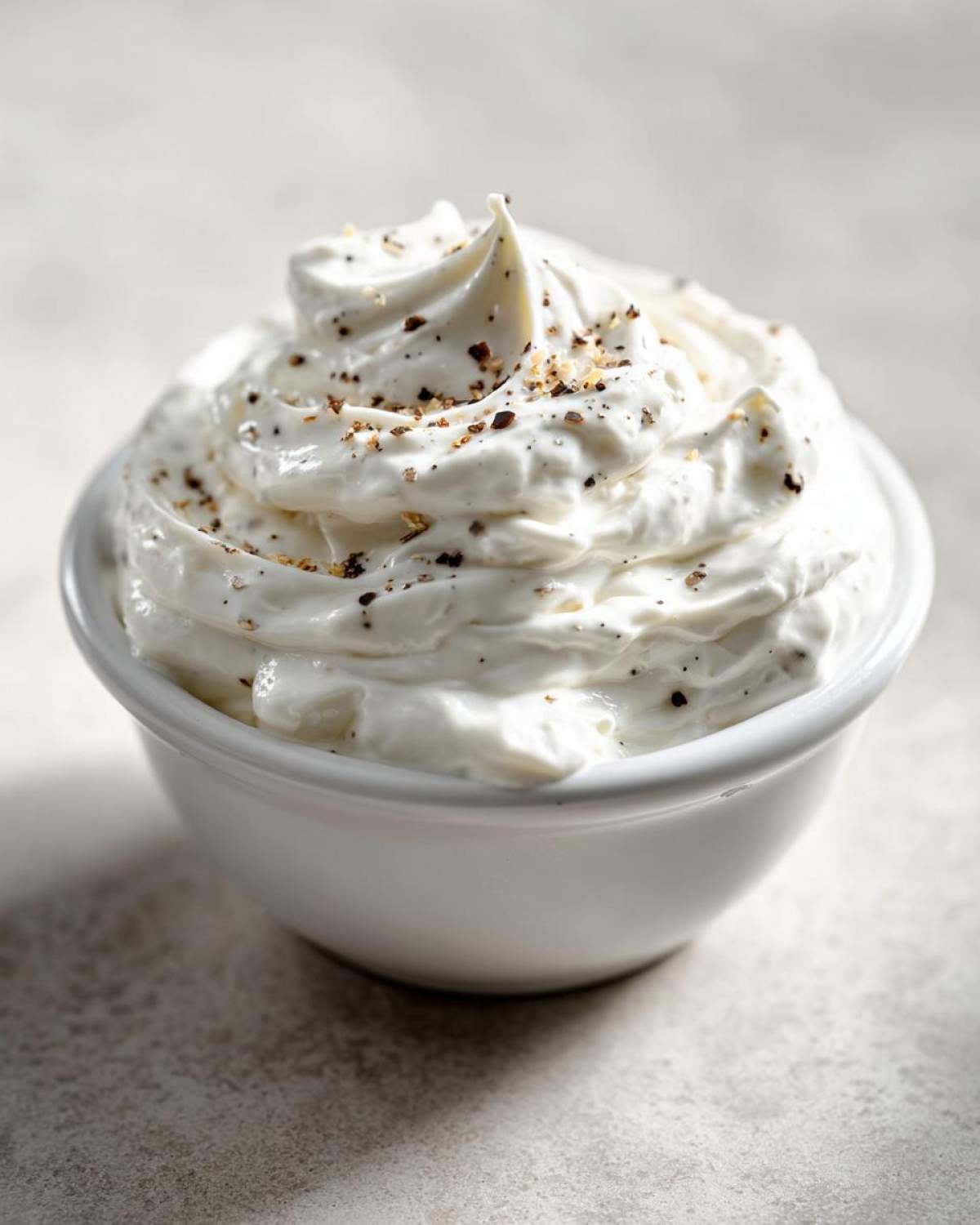 Close-up of thick, creamy Easy Greek Yogurt Caesar Dressing swirled high in a small white bowl, topped with cracked black pepper.