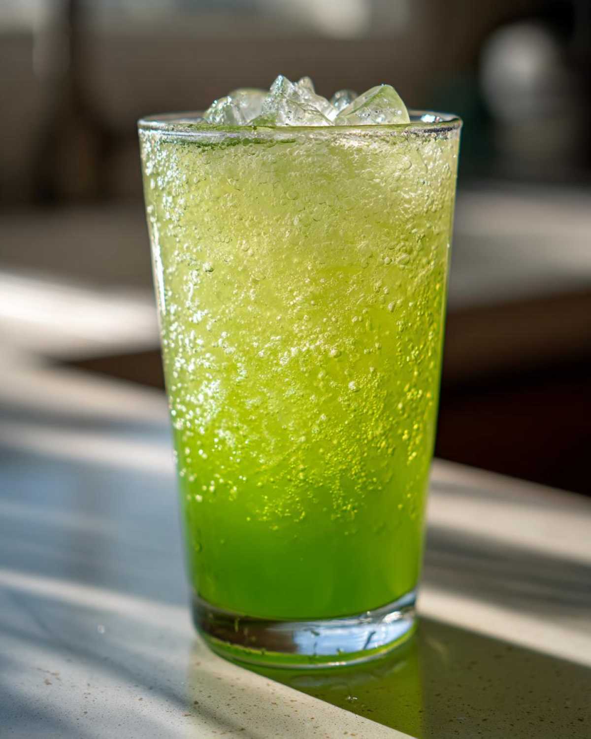 Close-up of a tall glass filled with vibrant green Easy Iced Cucumber Lime Agua Fresca and crushed ice.