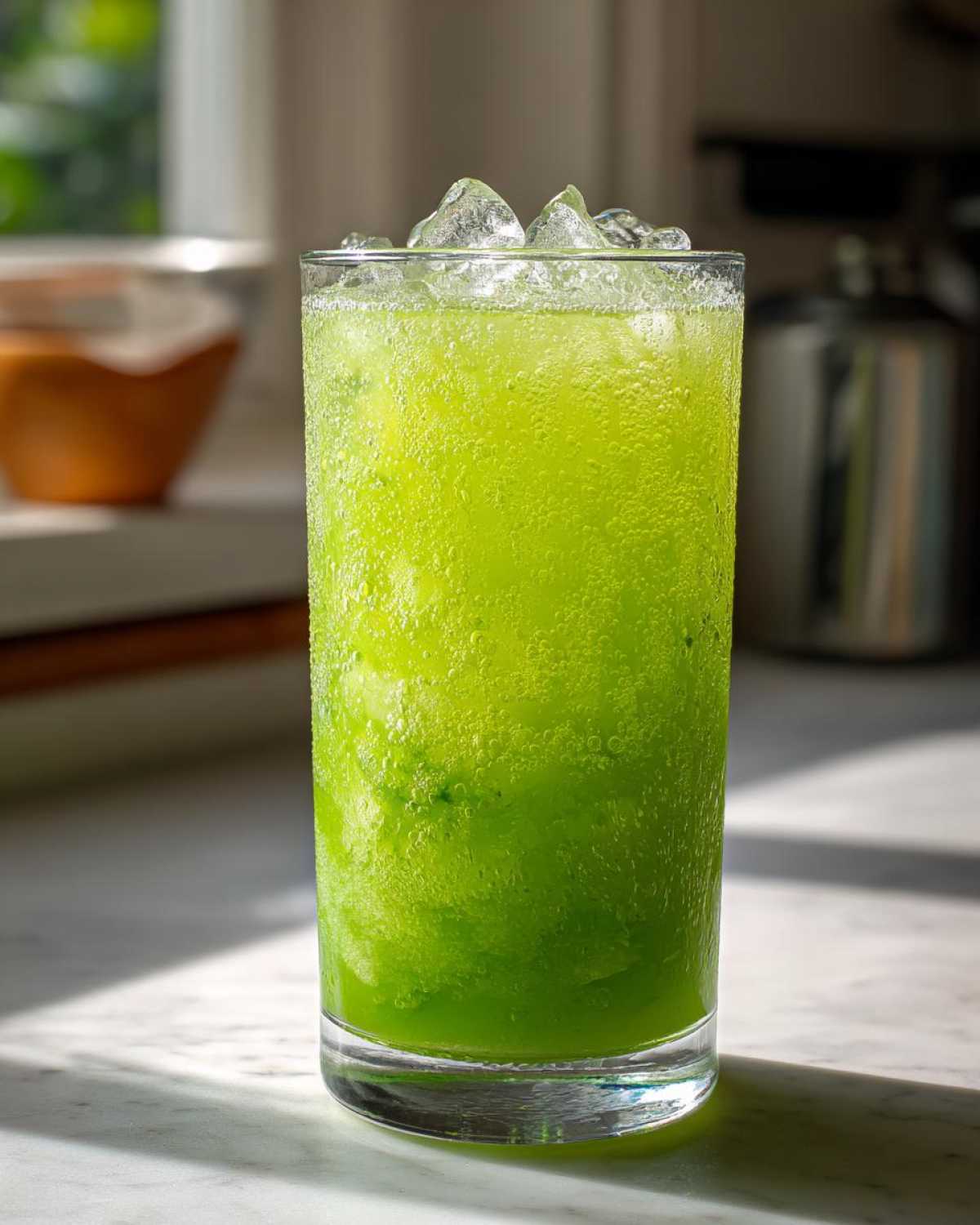 A tall glass filled with bright green Easy Iced Cucumber Lime Agua Fresca, topped with ice cubes and condensation.