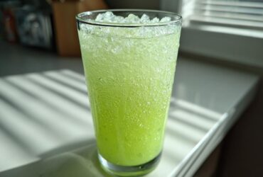 A tall glass filled with bright green Easy Iced Cucumber Lime Agua Fresca, topped with crushed ice.