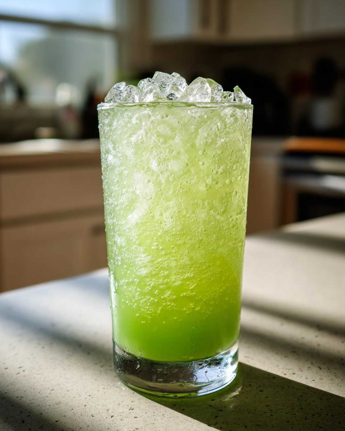 A tall glass filled with bright green Easy Iced Cucumber Lime Agua Fresca and topped with crushed ice.
