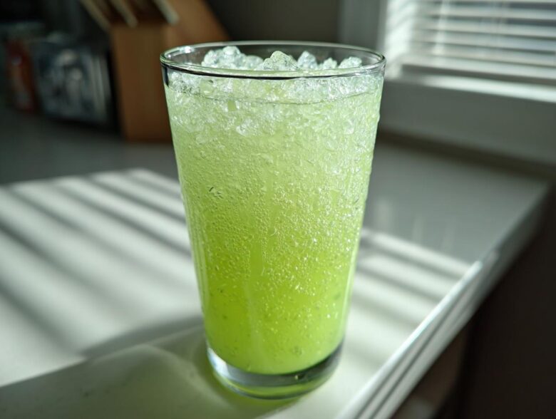 A tall glass filled with bright green Easy Iced Cucumber Lime Agua Fresca, topped with crushed ice.