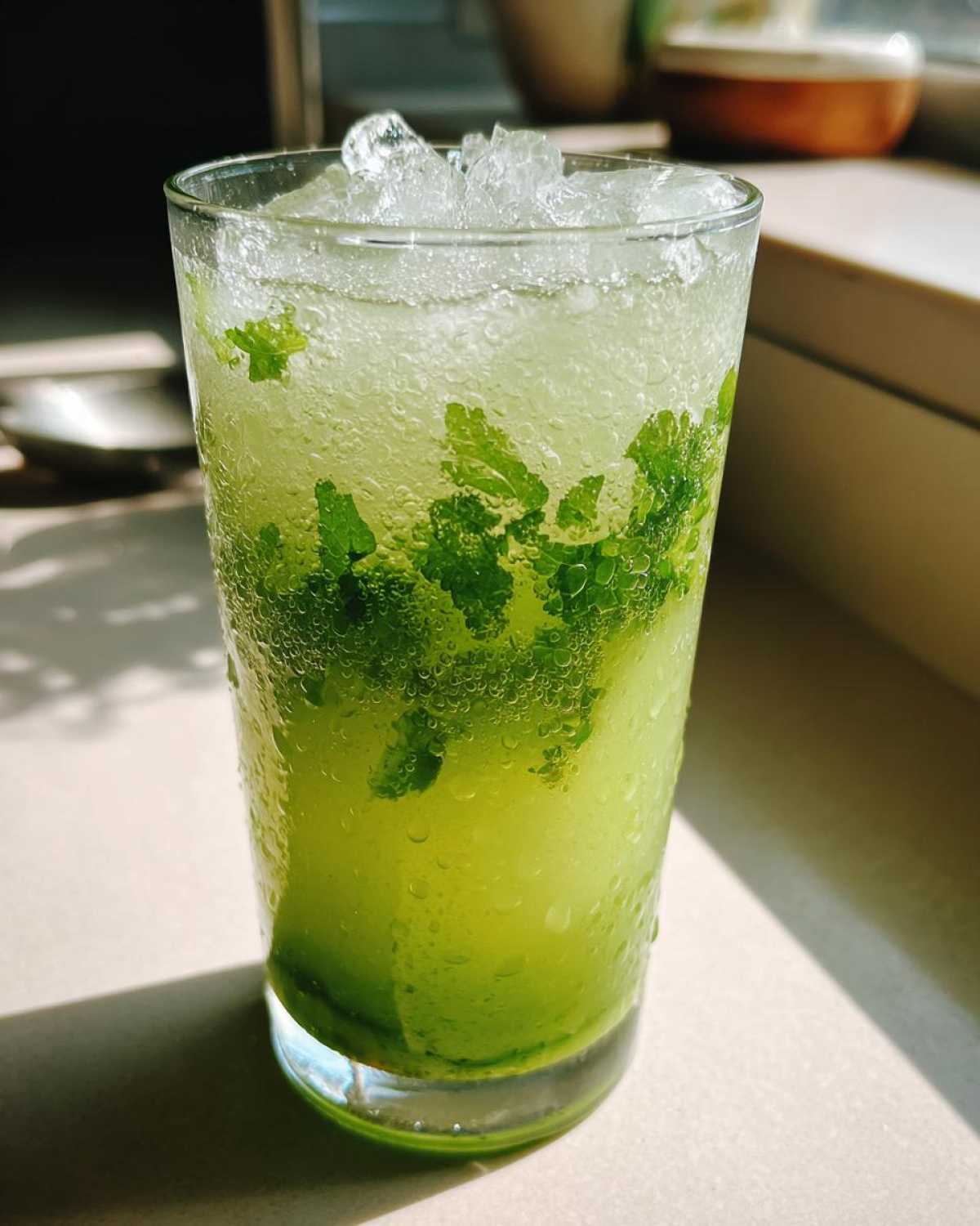 Close-up of a tall glass filled with Easy Iced Cucumber Lime Agua Fresca, crushed ice, and fresh mint leaves.
