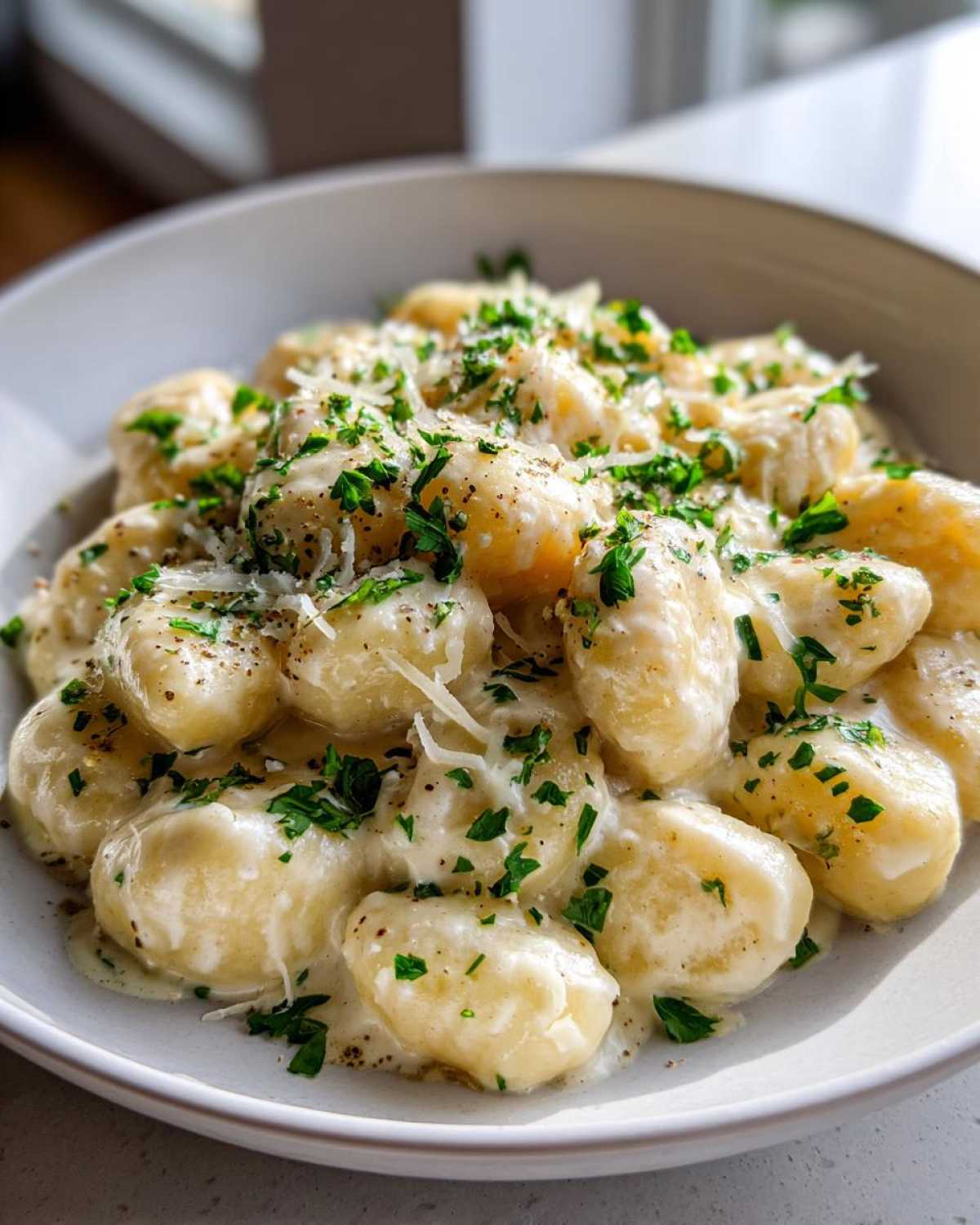 Close-up of Easy One-Pan Creamy Garlic Butter Gnocchi topped with fresh parsley and grated cheese.