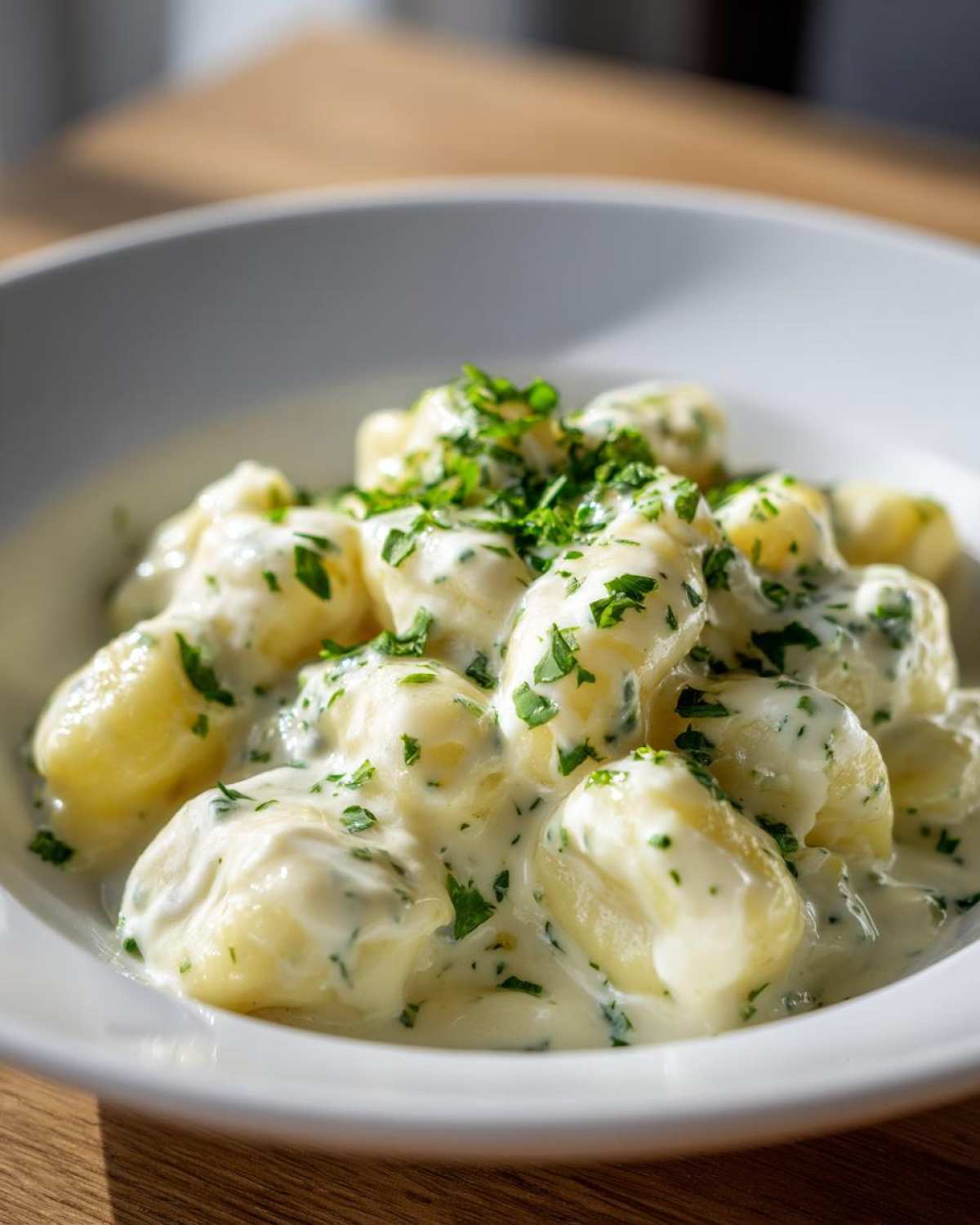 Close-up of Easy One-Pan Creamy Garlic Butter Gnocchi coated in a rich white sauce and topped with fresh parsley.