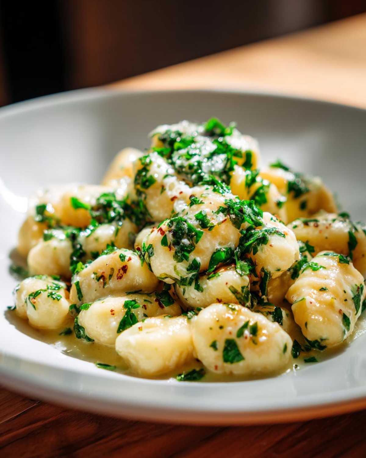 Close-up of tender gnocchi coated in a creamy garlic butter sauce and topped with fresh green parsley.