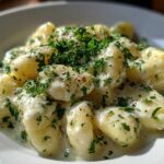 Close-up of Easy One-Pan Creamy Garlic Butter Gnocchi coated in a rich white sauce and topped with fresh parsley.