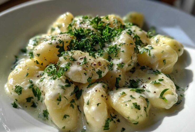 Close-up of Easy One-Pan Creamy Garlic Butter Gnocchi coated in a rich white sauce and topped with fresh parsley.