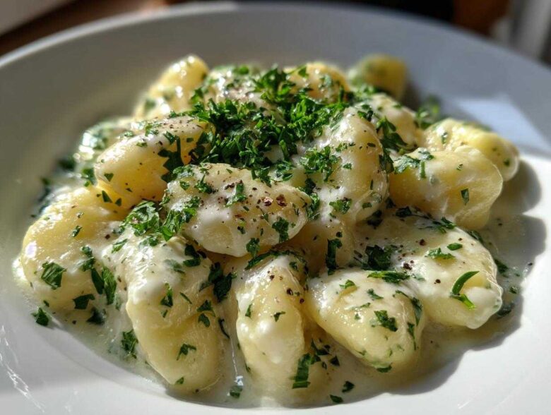 Close-up of Easy One-Pan Creamy Garlic Butter Gnocchi coated in a rich white sauce and topped with fresh parsley.