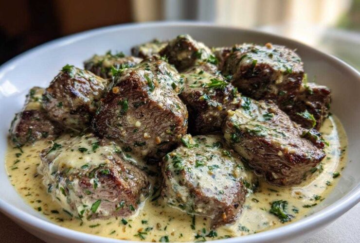 Close-up of seared steak bites smothered in a creamy garlic sauce with visible parsley.