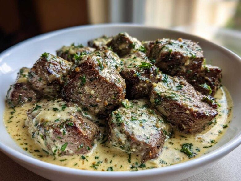 Close-up of seared steak bites smothered in a creamy garlic sauce with visible parsley.