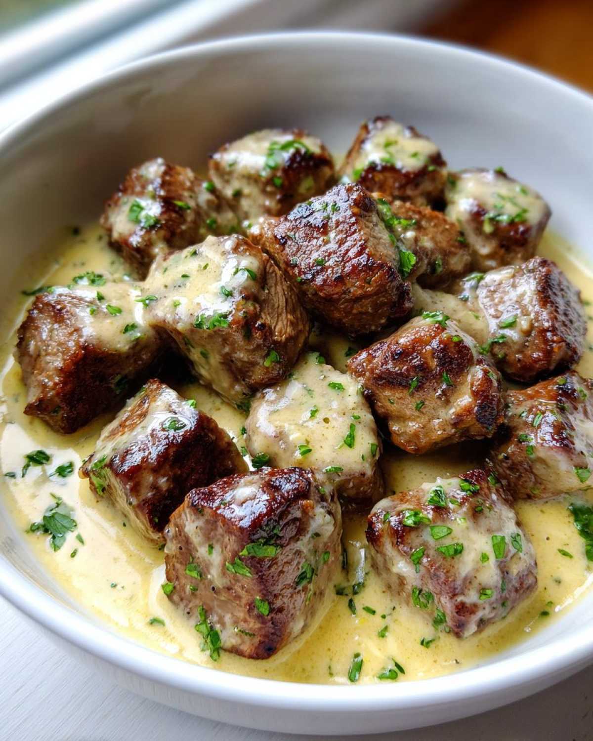 Close-up of seared steak bites coated in a creamy garlic sauce and garnished with parsley, perfect for Easy One-Pan Creamy Garlic Steak Bites.