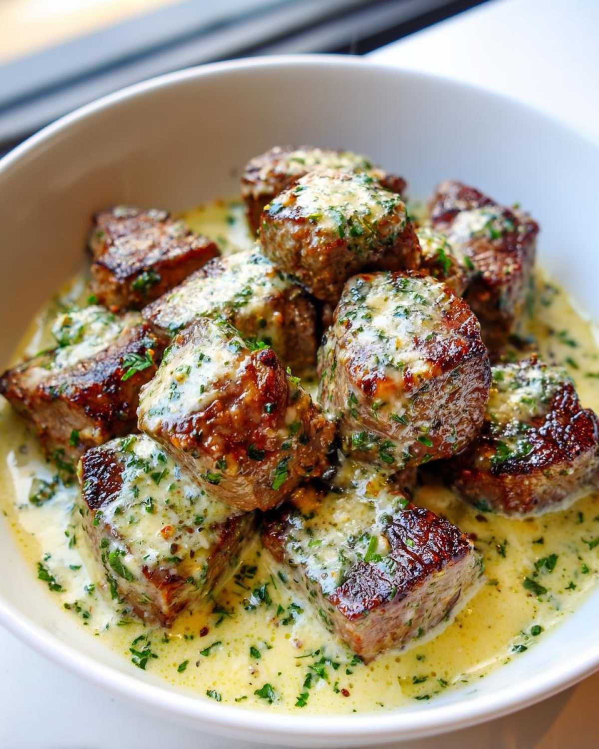 Close-up of seared Easy One-Pan Creamy Garlic Steak Bites smothered in a rich, creamy garlic sauce with parsley.