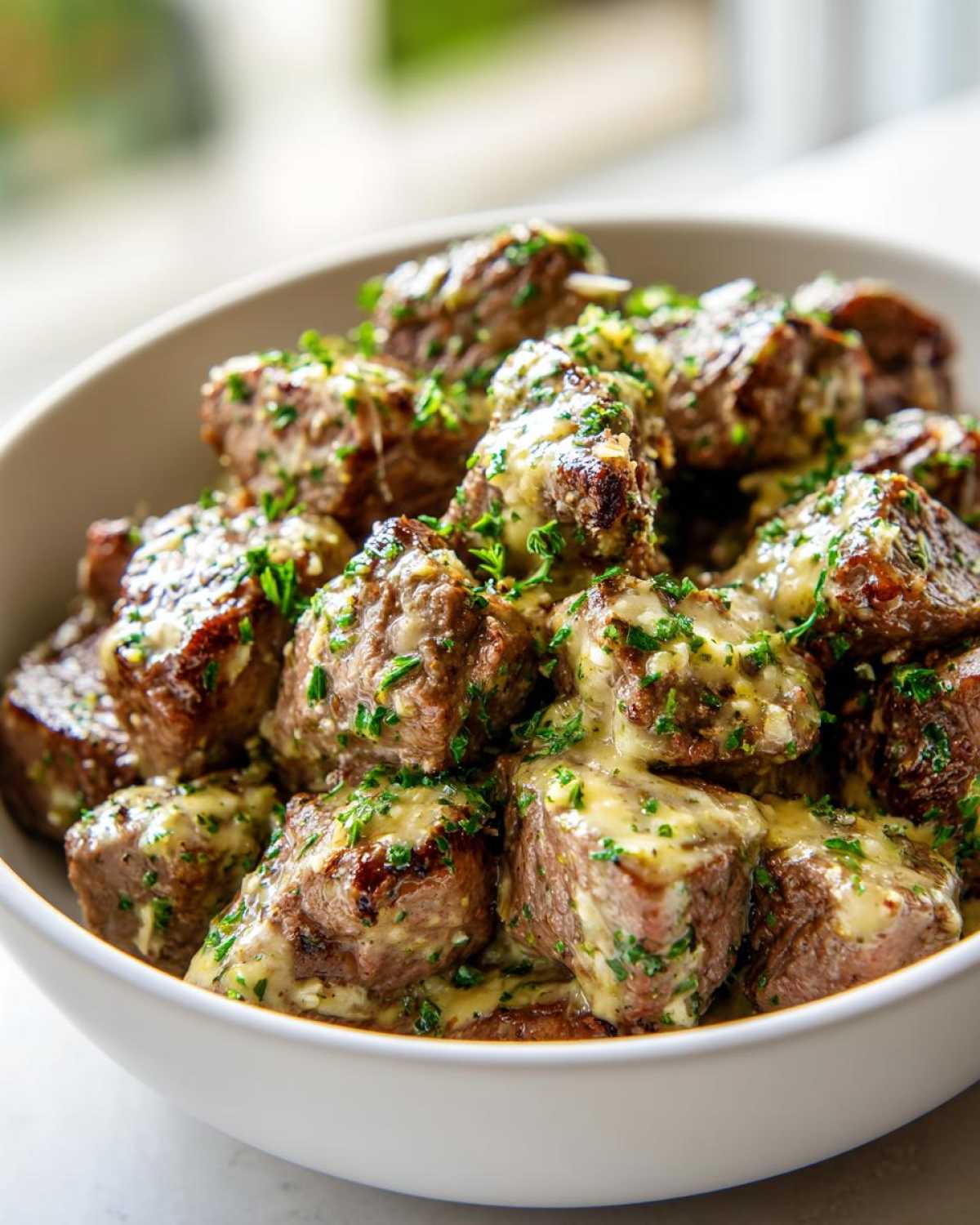 A close-up of Easy One-Pan Creamy Garlic Steak Bites coated in a rich garlic sauce and topped with fresh parsley in a white bowl.
