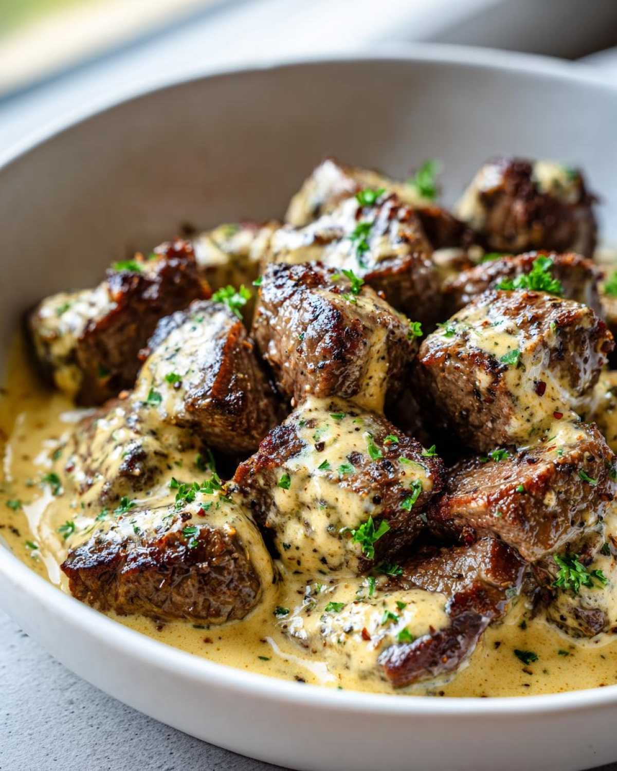 Close-up of seared steak bites smothered in a creamy garlic sauce and sprinkled with parsley, part of the Easy One-Pan Creamy Garlic Steak Bites recipe.