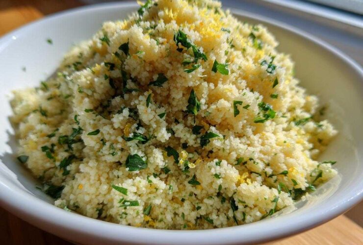 A close-up of fluffy Easy One-Pot Creamy Lemon Herb Couscous topped with fresh parsley and lemon zest in a white bowl.