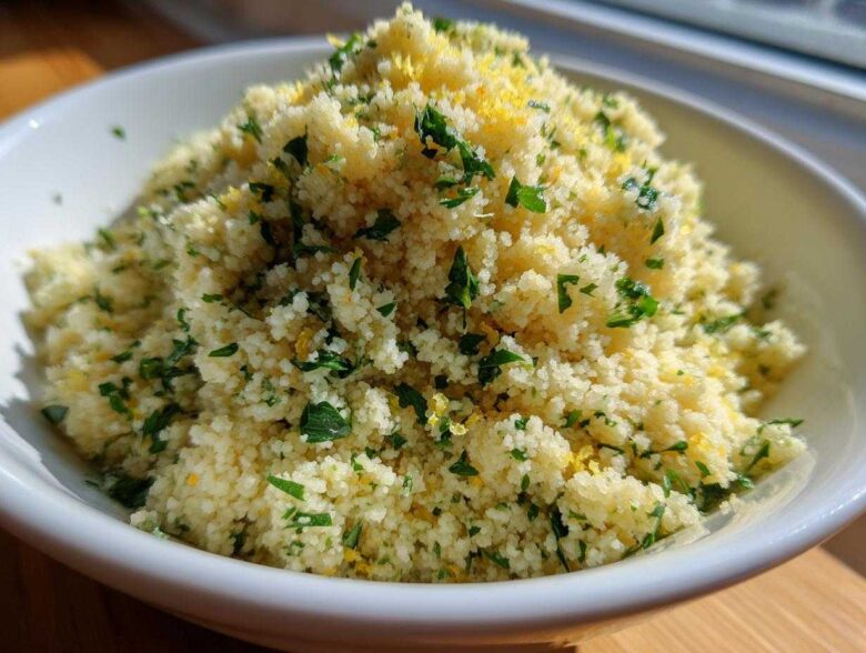 A close-up of fluffy Easy One-Pot Creamy Lemon Herb Couscous topped with fresh parsley and lemon zest in a white bowl.