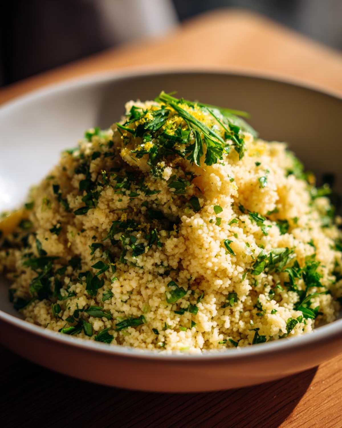 A close-up of fluffy Easy One-Pot Creamy Lemon Herb Couscous topped with fresh parsley and lemon zest.