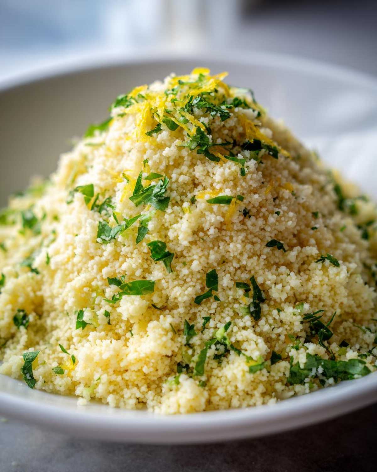 Close-up of fluffy Easy One-Pot Creamy Lemon Herb Couscous topped with fresh parsley and bright yellow lemon zest.