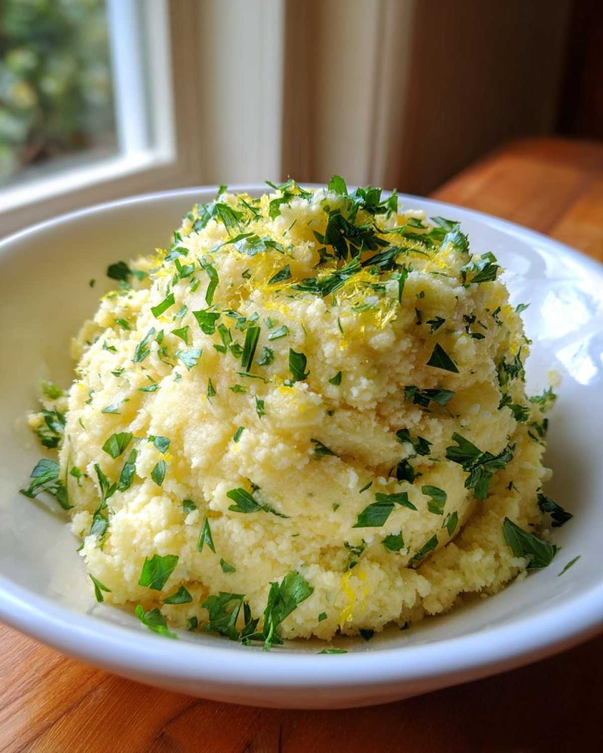 A mound of Easy One-Pot Creamy Lemon Herb Couscous topped with fresh parsley and lemon zest in a white bowl.