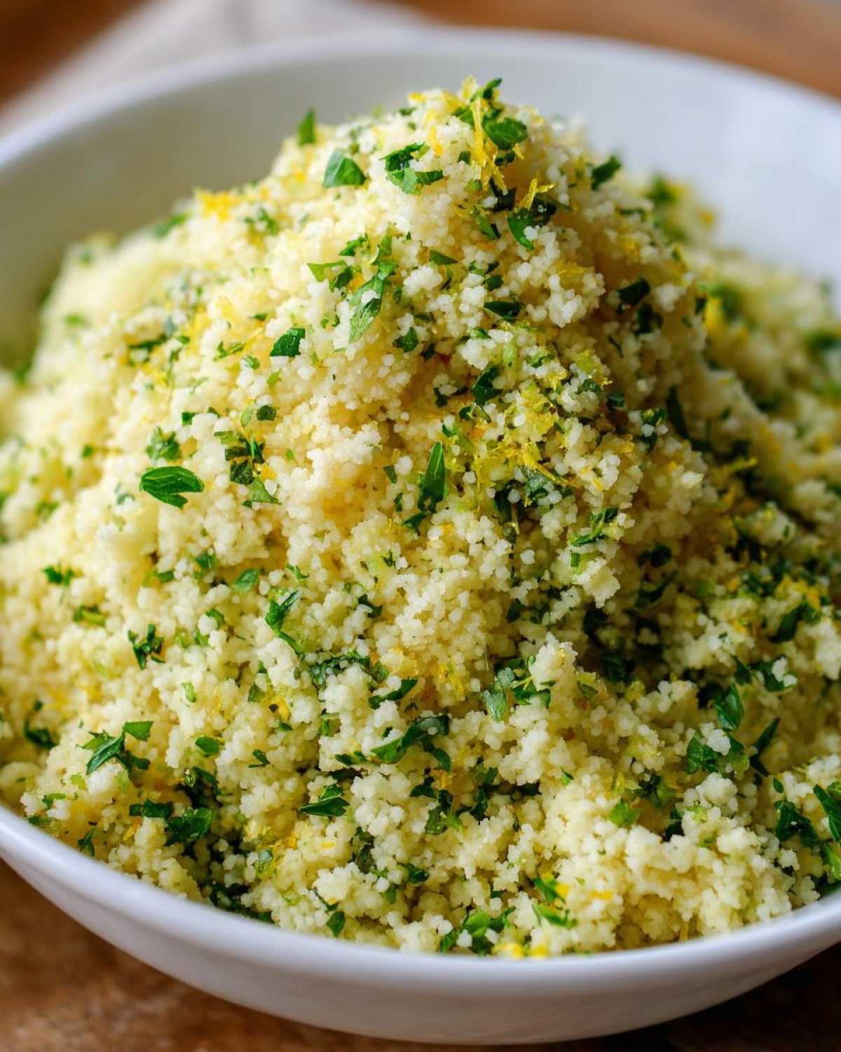 A close-up of fluffy Easy One-Pot Creamy Lemon Herb Couscous topped with bright green parsley and yellow lemon zest in a white bowl.