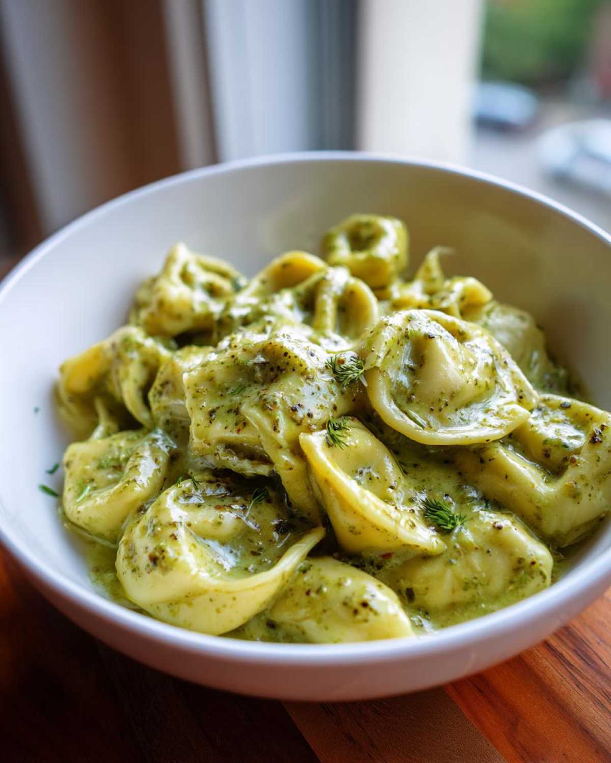 A white bowl filled with Easy One-Pot Creamy Pesto Tortellini, coated in a rich green sauce and garnished with herbs.