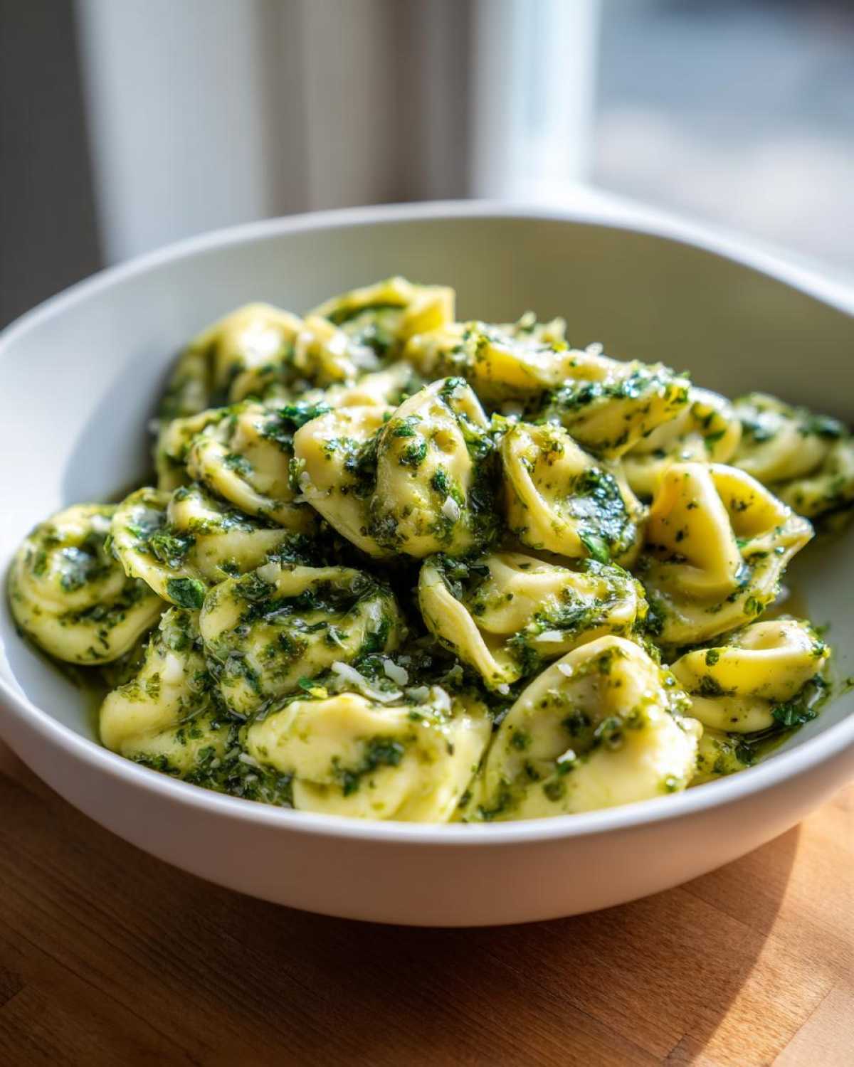 Close-up of a white bowl filled with Easy One-Pot Creamy Pesto Tortellini coated in vibrant green pesto sauce.