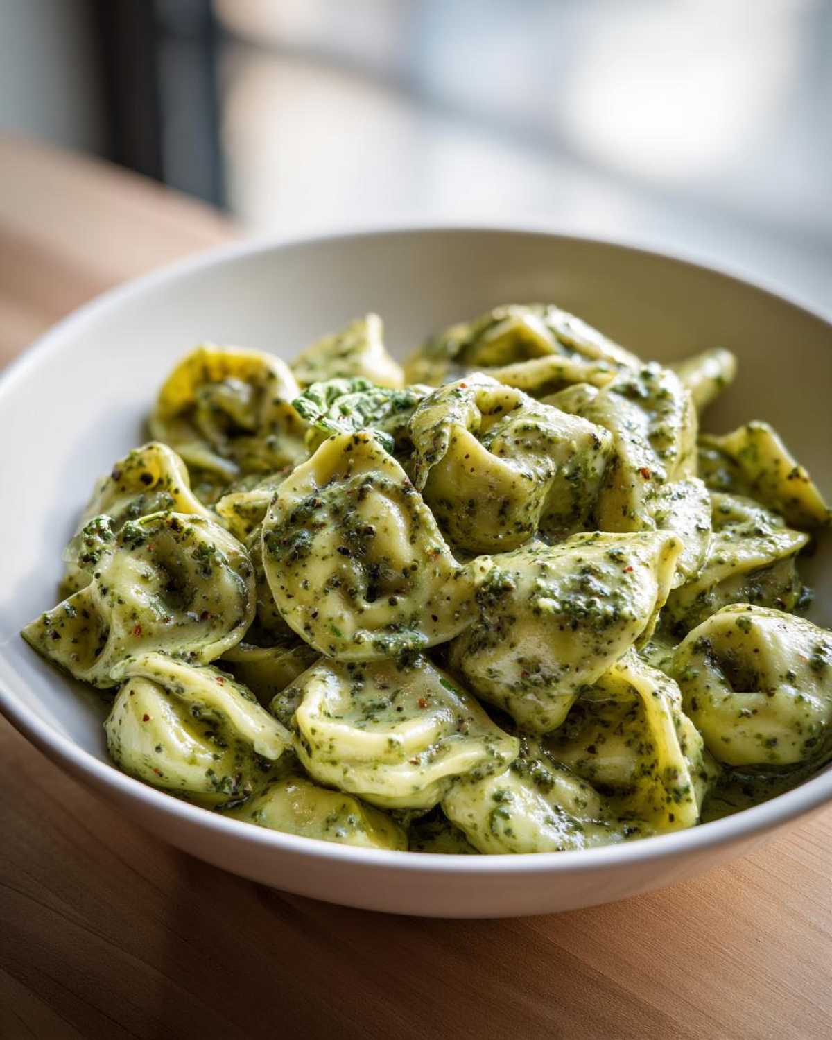 Close-up of a white bowl filled with Easy One-Pot Creamy Pesto Tortellini coated in a rich green sauce.