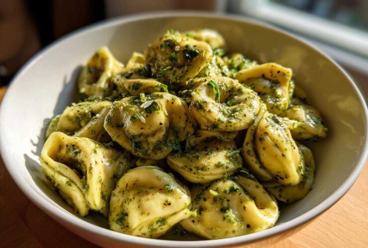 A white bowl filled with Easy One-Pot Creamy Pesto Tortellini, coated in vibrant green pesto sauce.