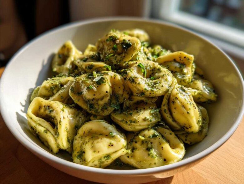 A white bowl filled with Easy One-Pot Creamy Pesto Tortellini, coated in vibrant green pesto sauce.