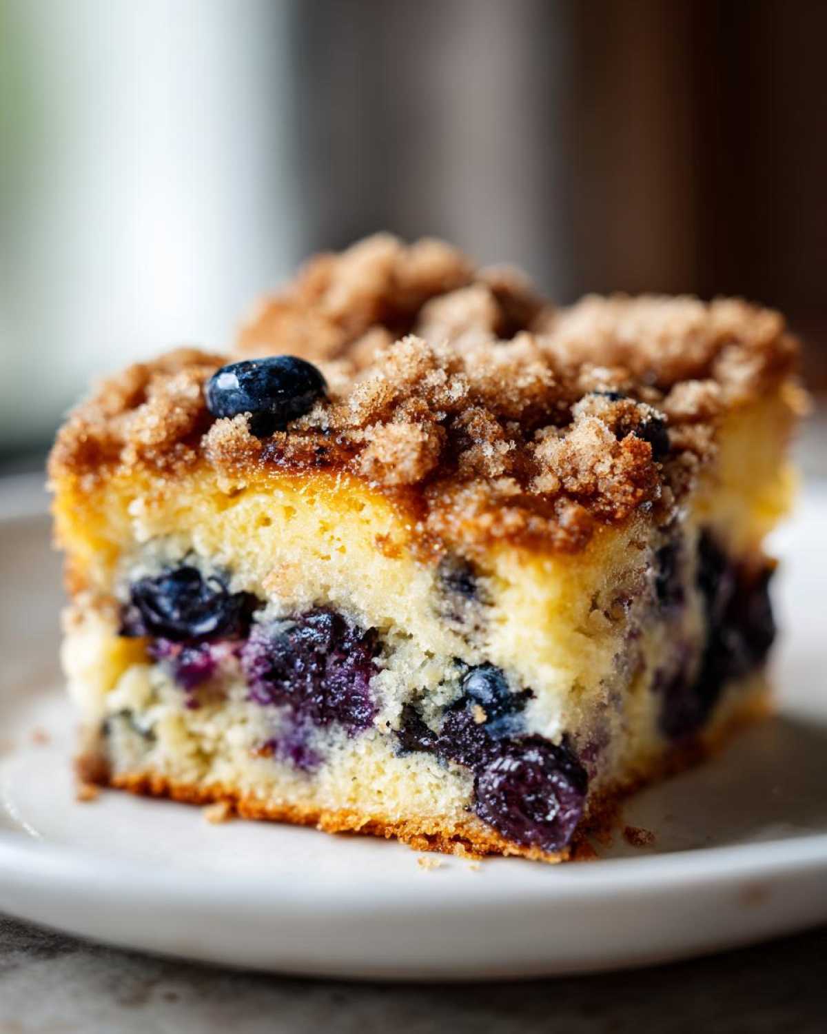 Close-up of a square slice of Easy Sheet Pan Blueberry Streusel Pancake with visible blueberries and crumb topping.