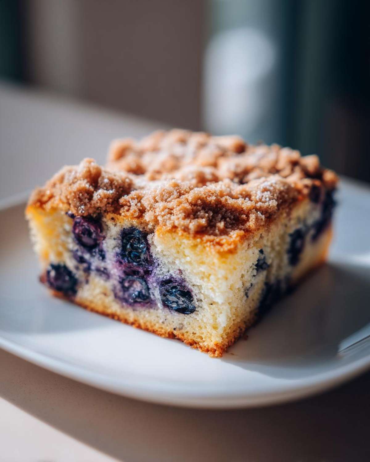 Close-up of a square slice of Easy Sheet Pan Blueberry Streusel Pancake with a thick crumb topping.