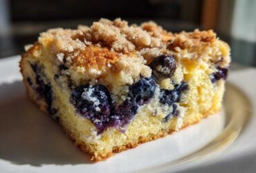 Close-up of a square slice of Easy Sheet Pan Blueberry Streusel Pancake with juicy blueberries and crumb topping.