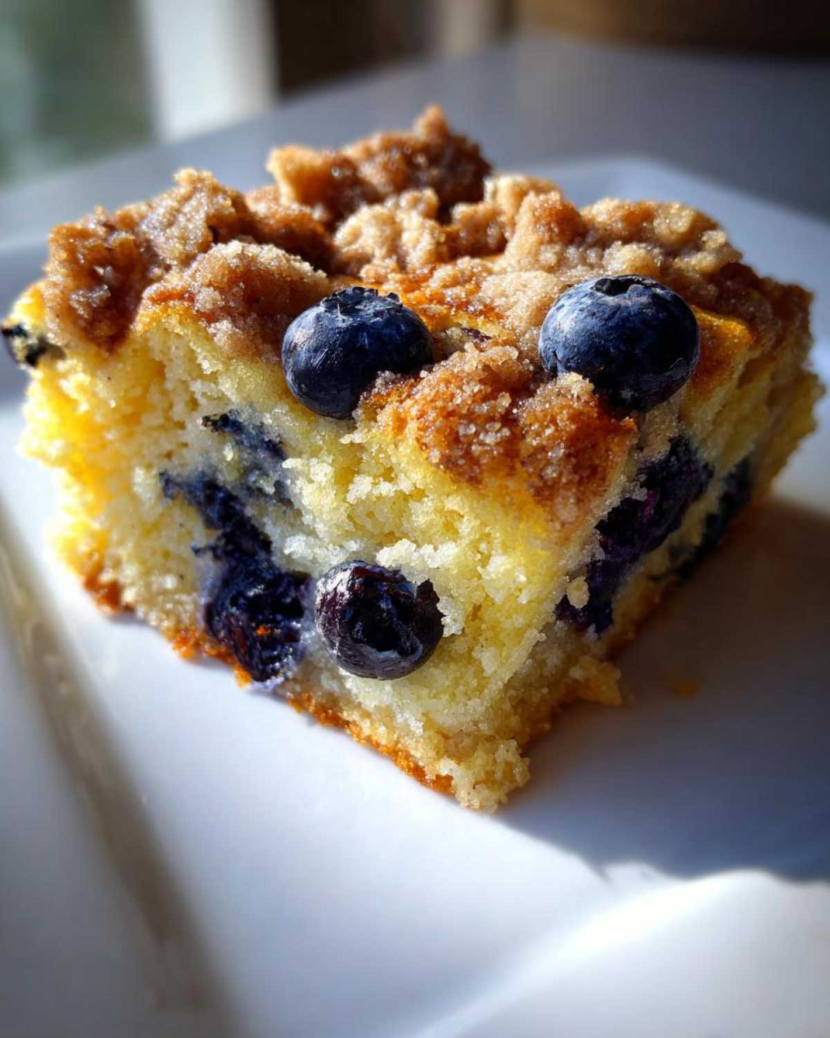 Close-up of a square slice of Easy Sheet Pan Blueberry Streusel Pancake with crumb topping and fresh blueberries.