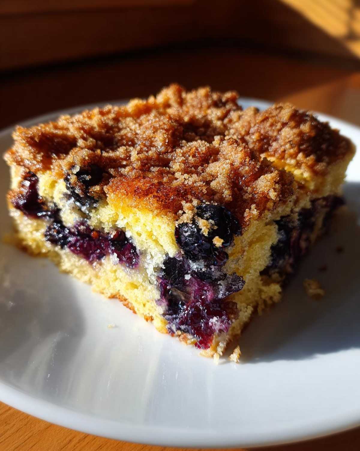 Close-up of a square slice of Easy Sheet Pan Blueberry Streusel Pancake with a thick, crumbly streusel topping.