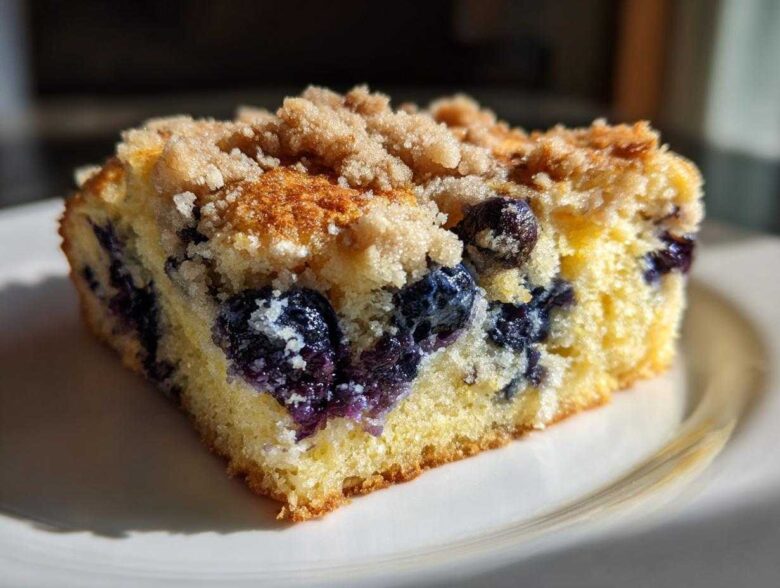 Close-up of a square slice of Easy Sheet Pan Blueberry Streusel Pancake with juicy blueberries and crumb topping.