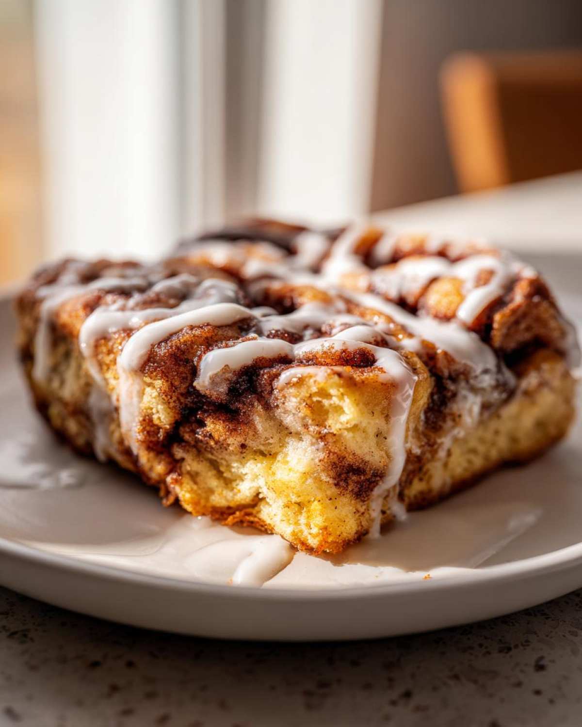 A close-up, brightly lit shot of a single serving of Easy Sheet Pan Cinnamon Roll Bake drizzled with white icing.
